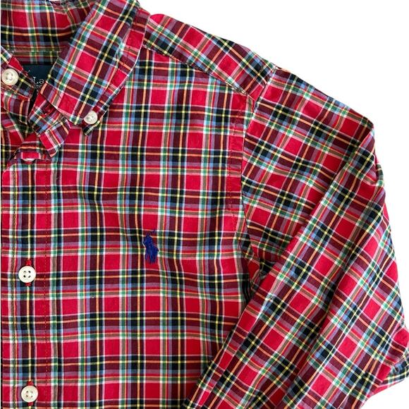 RALPH LAUREN Boys Red Plaid Button Down Size 4/4T - Picture 2 of 4